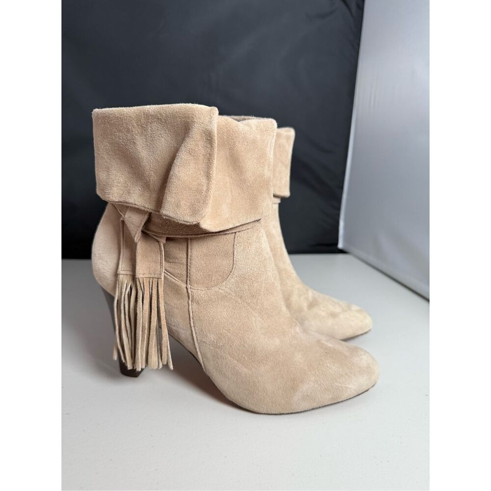 Johnston & Murphy Keaton Suede Leather Fringe Cuff Heeled Boots Womens‎ 10M Tan